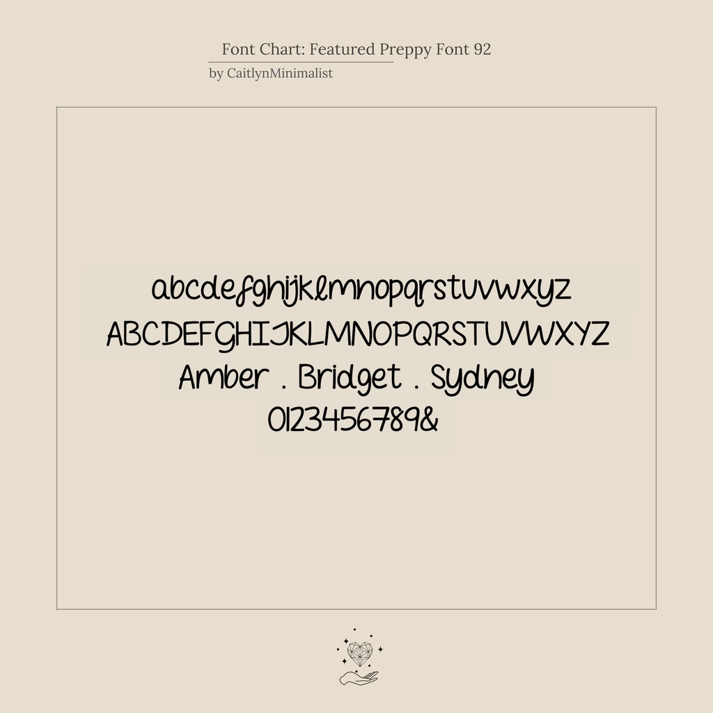 Showcase your style with the Tiny Preppy Name Necklace, featuring a youth-inspired preppy script font with upper/lowercase letters, numbers, and sample names like Amber, Bridget, and Sydney—perfect for personalized nameplates.