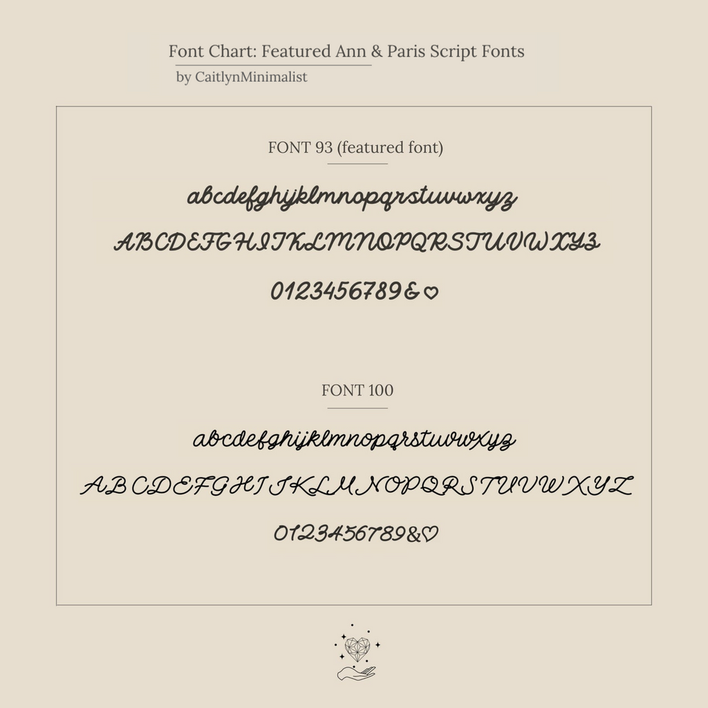 Font chart displaying script styles for FONT 93 and FONT 100 in uppercase, lowercase, and numbers—ideal for choosing the perfect look for your personalized Ann Thin Message Ring holiday gift.