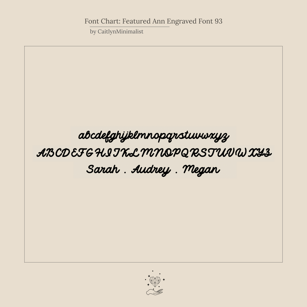 Script font chart displays uppercase and lowercase letters, plus names Sarah, Audrey, and Megan in cursive—ideal for personalizing your Oval Pet Necklace.