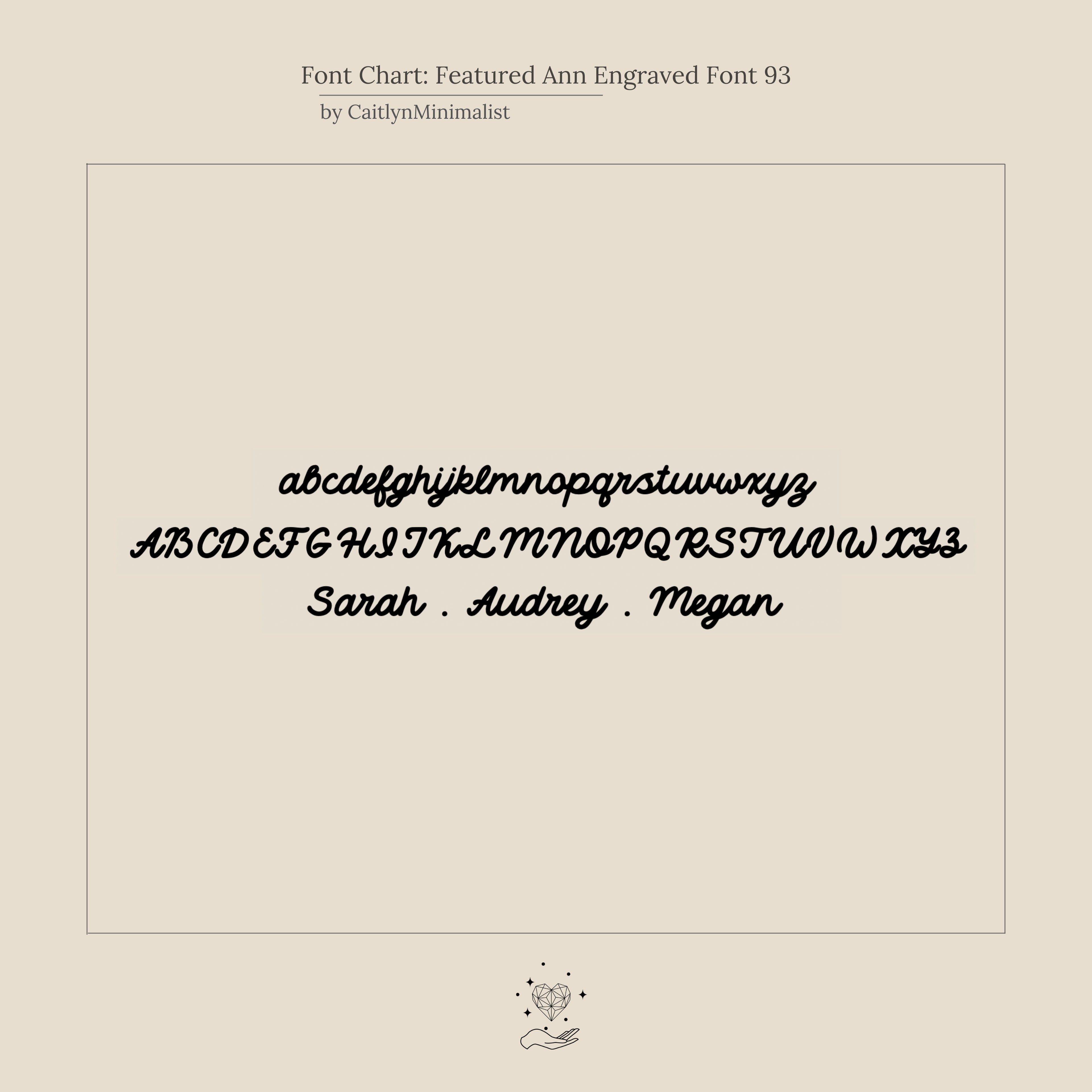 Script font chart displays uppercase and lowercase letters, plus names Sarah, Audrey, and Megan in cursive—ideal for personalizing your Oval Pet Necklace.