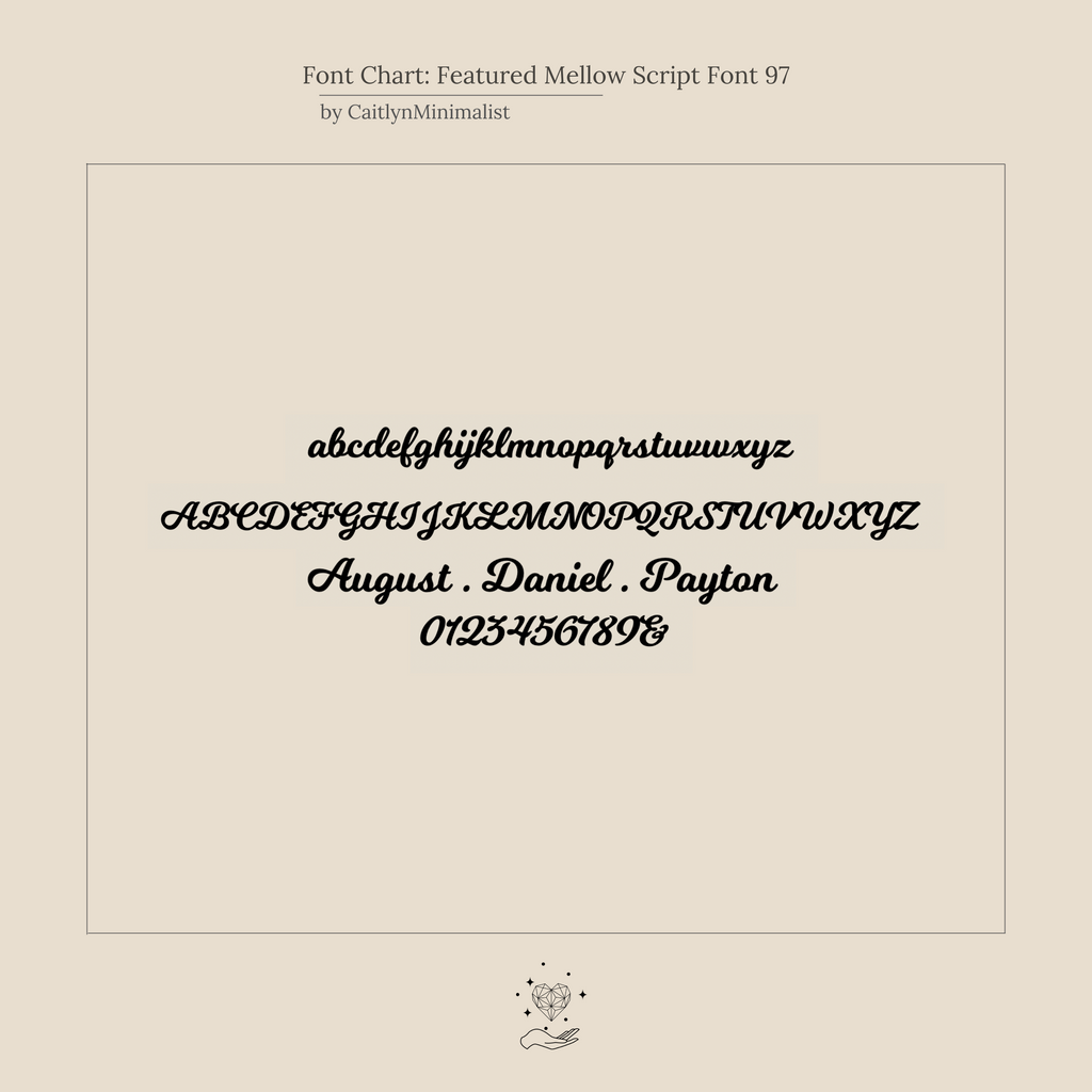 Font chart displaying cursive script for lowercase, uppercase, sample names, and numbers—ideal for designing a personalized Mellow Name Necklace in Figaro Chain—shown on a beige background.