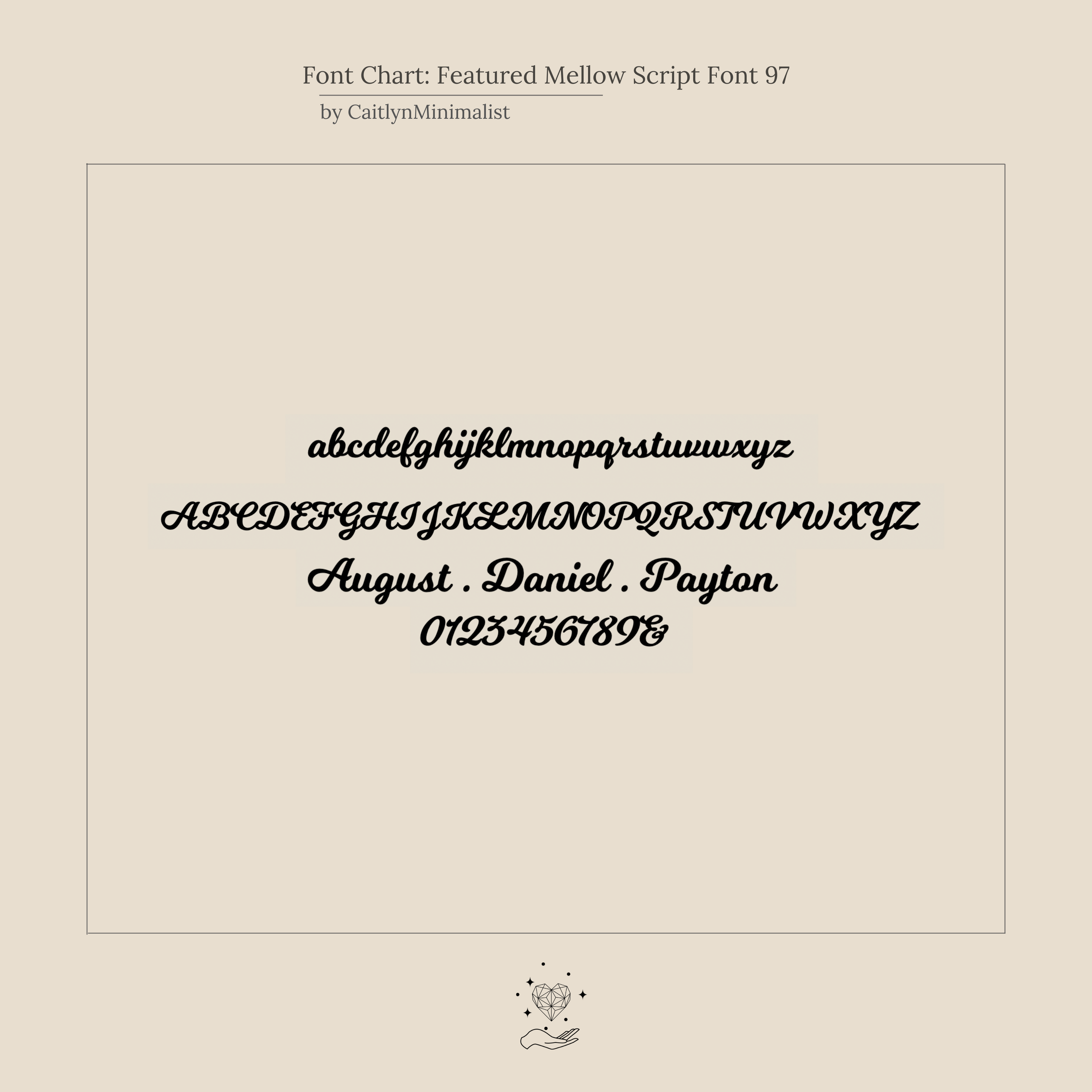 Font chart displaying cursive script for lowercase, uppercase, sample names, and numbers—ideal for designing a personalized Mellow Name Necklace in Figaro Chain—shown on a beige background.