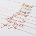 The Handwriting Necklace features delicate chains with script words like Nanny, Mom, Always, and Glmfab—perfect as a sentimental gift or personalized jewelry for someone special.