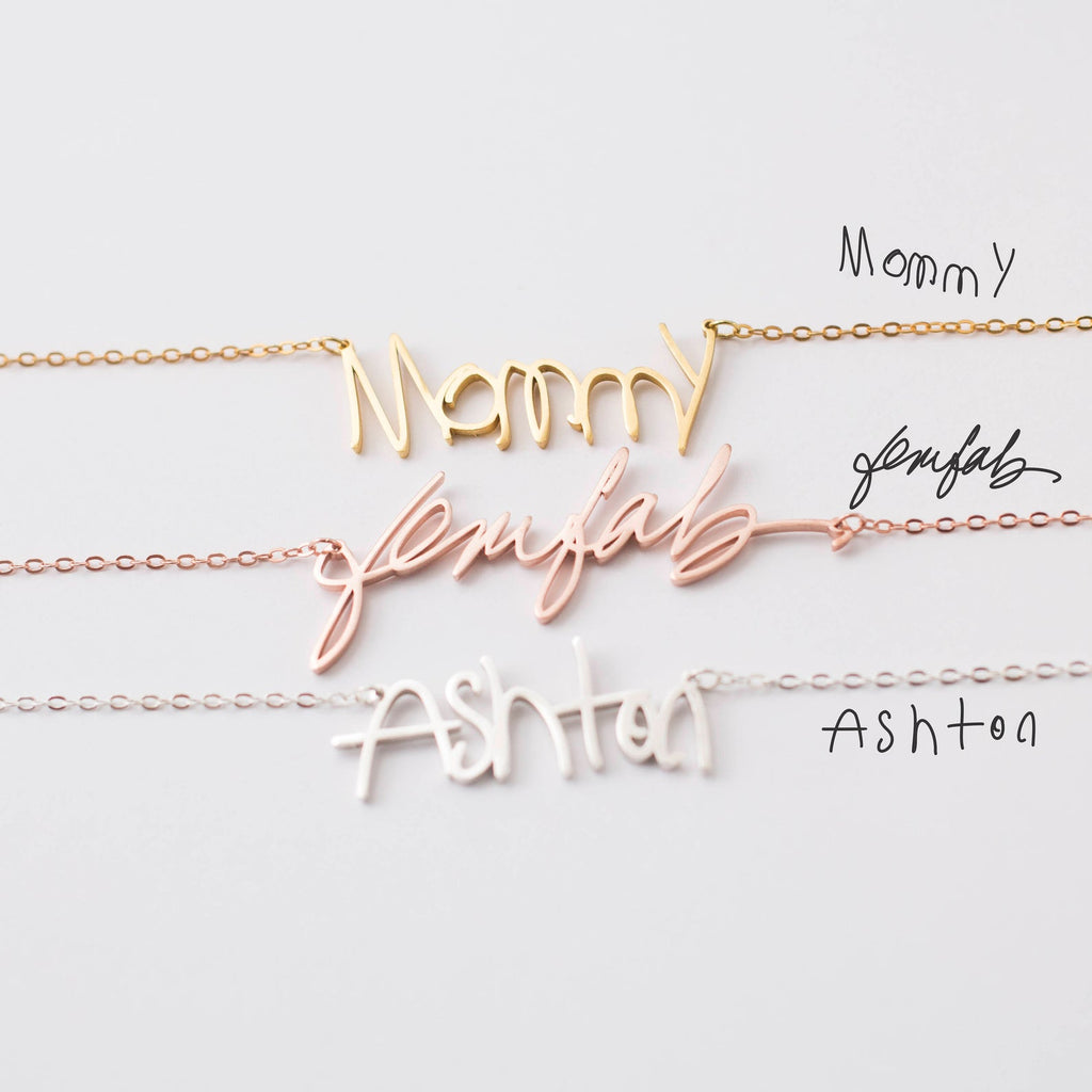 The Handwriting Necklace comes in gold, rose gold, and silver—personalized jewelry that makes a sentimental gift.