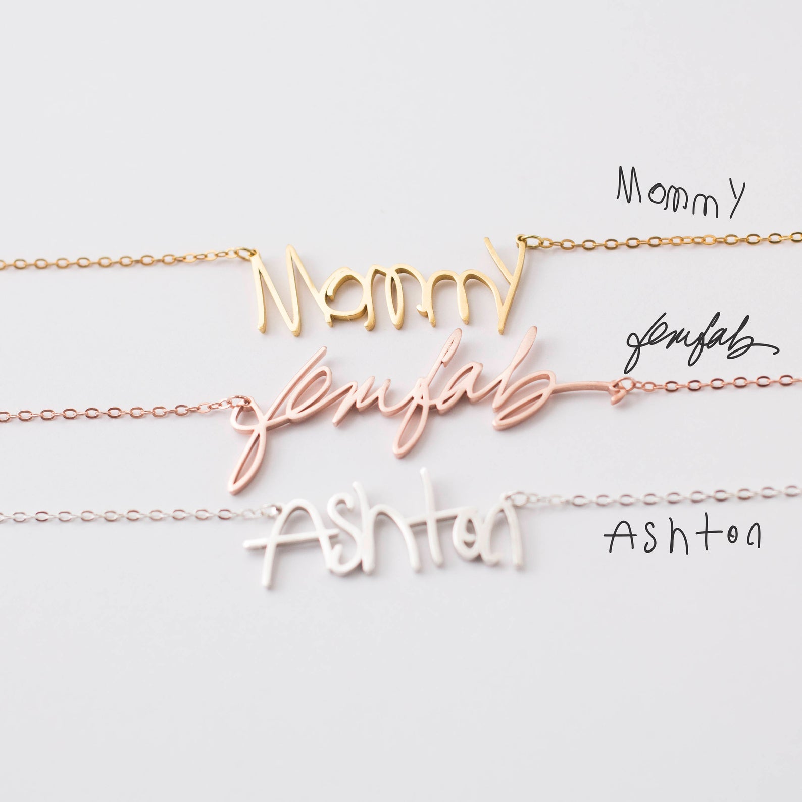 The Handwriting Necklace comes in gold, rose gold, and silver—personalized jewelry that makes a sentimental gift.
