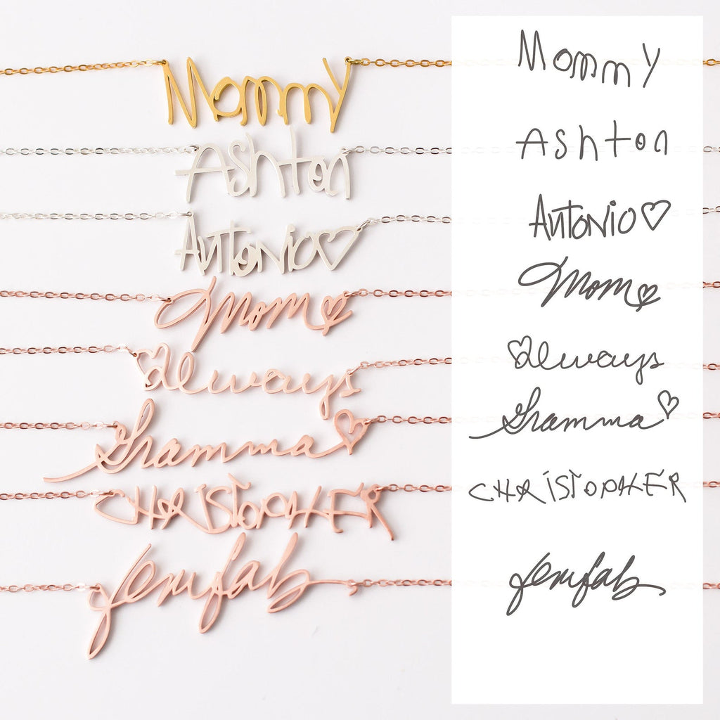The Handwriting Necklace personalizes names or words like Mommy, Ashton, or Always in a script font beside actual handwriting—making it a sentimental and unique piece of jewelry.