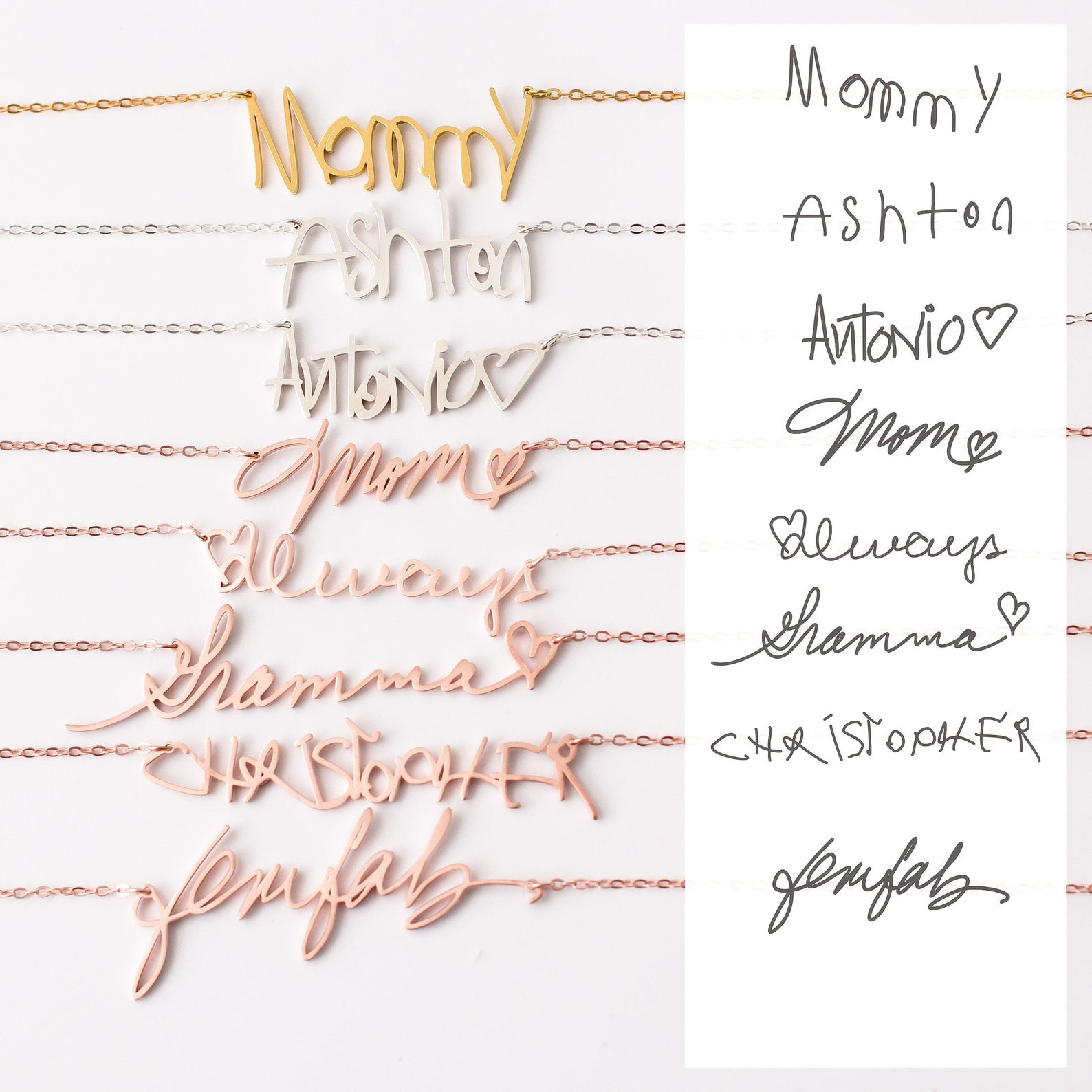 The Handwriting Necklace personalizes names or words like Mommy, Ashton, or Always in a script font beside actual handwriting—making it a sentimental and unique piece of jewelry.