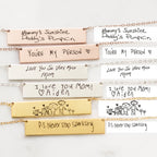 Nine engraved Handwriting Bar Necklaces in Rose Gold feature heartfelt, handwritten messages like "Mommy’s Sunshine" and "P.S. Never Stop Sparkling"—a meaningful personalized jewelry gift.
