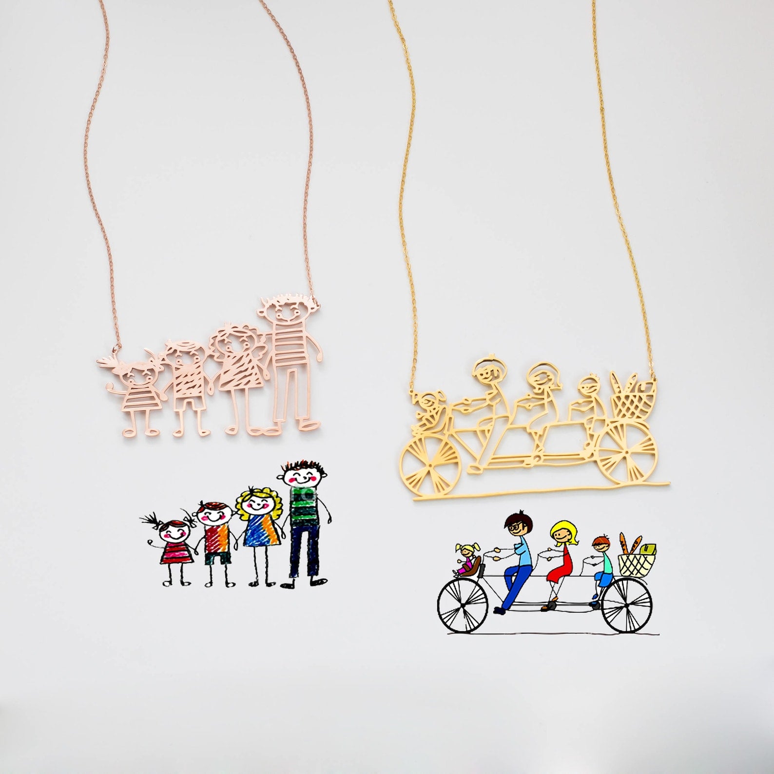 Kids Drawing Necklace in Rose Gold features your child’s custom family drawing as a unique pendant—perfect wearable art or a personalized gift for parents.