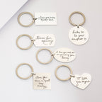 Six Handwriting Circle Keychains with handwritten sentimental messages for moms and daughters are displayed on a light surface, making each personalized keychain a meaningful keepsake.