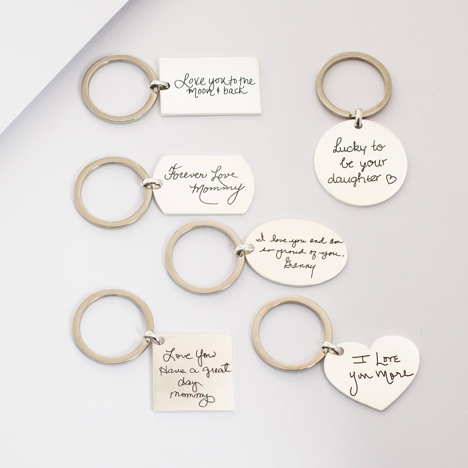 Six Handwriting Heart Keychains display custom handwritten messages for moms and daughters on both heart-shaped and rectangular tags.