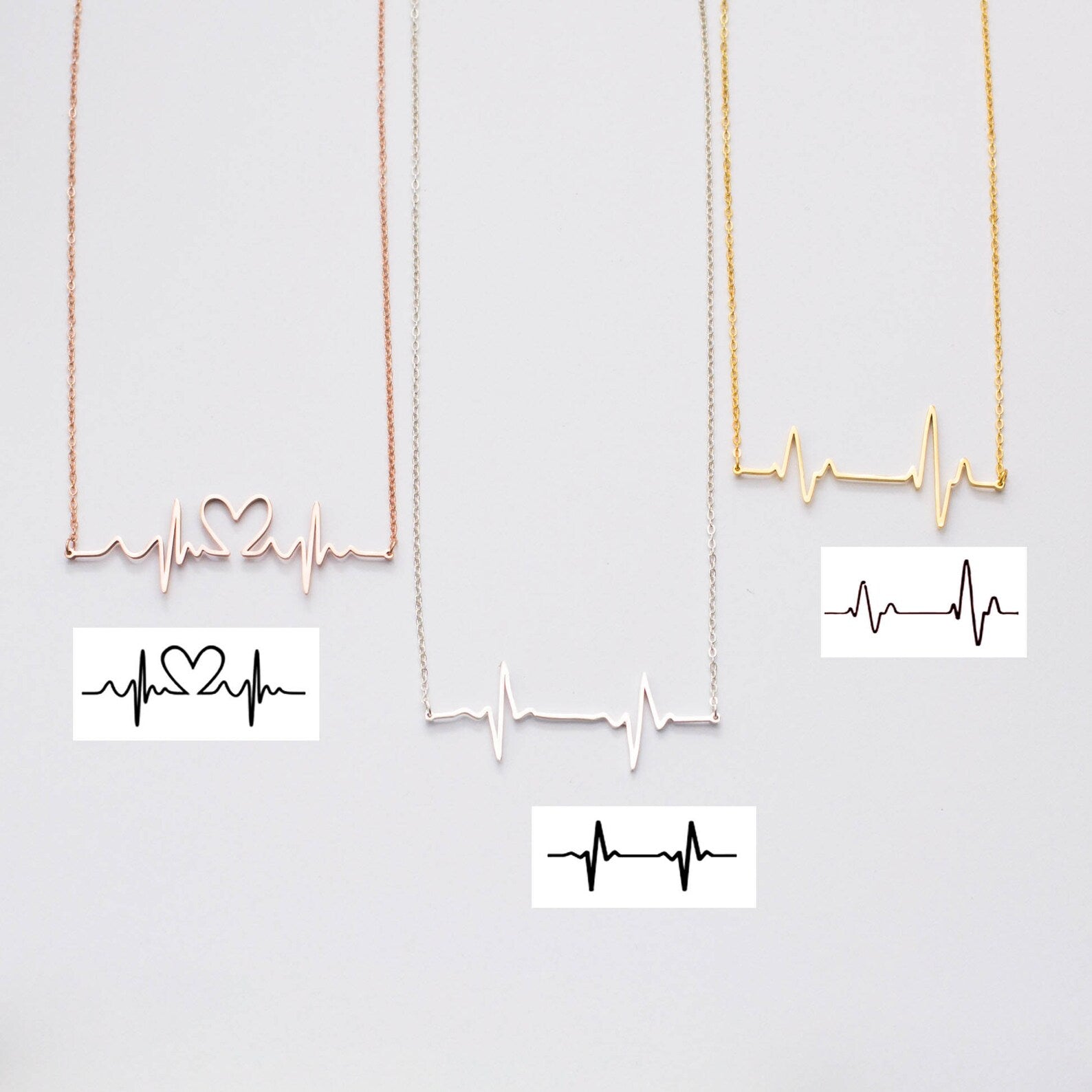 The Heartbeat Necklace features three stunning pendants in gold, silver, and rose gold—an elegant jewelry collection and a unique personalized gift for any occasion.