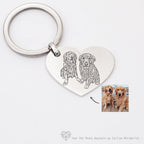 Handwriting Heart Keychain engraved with two dogs, pictured next to a photo of the real pets together—a custom heart-shaped accessory that brings your memories to life.