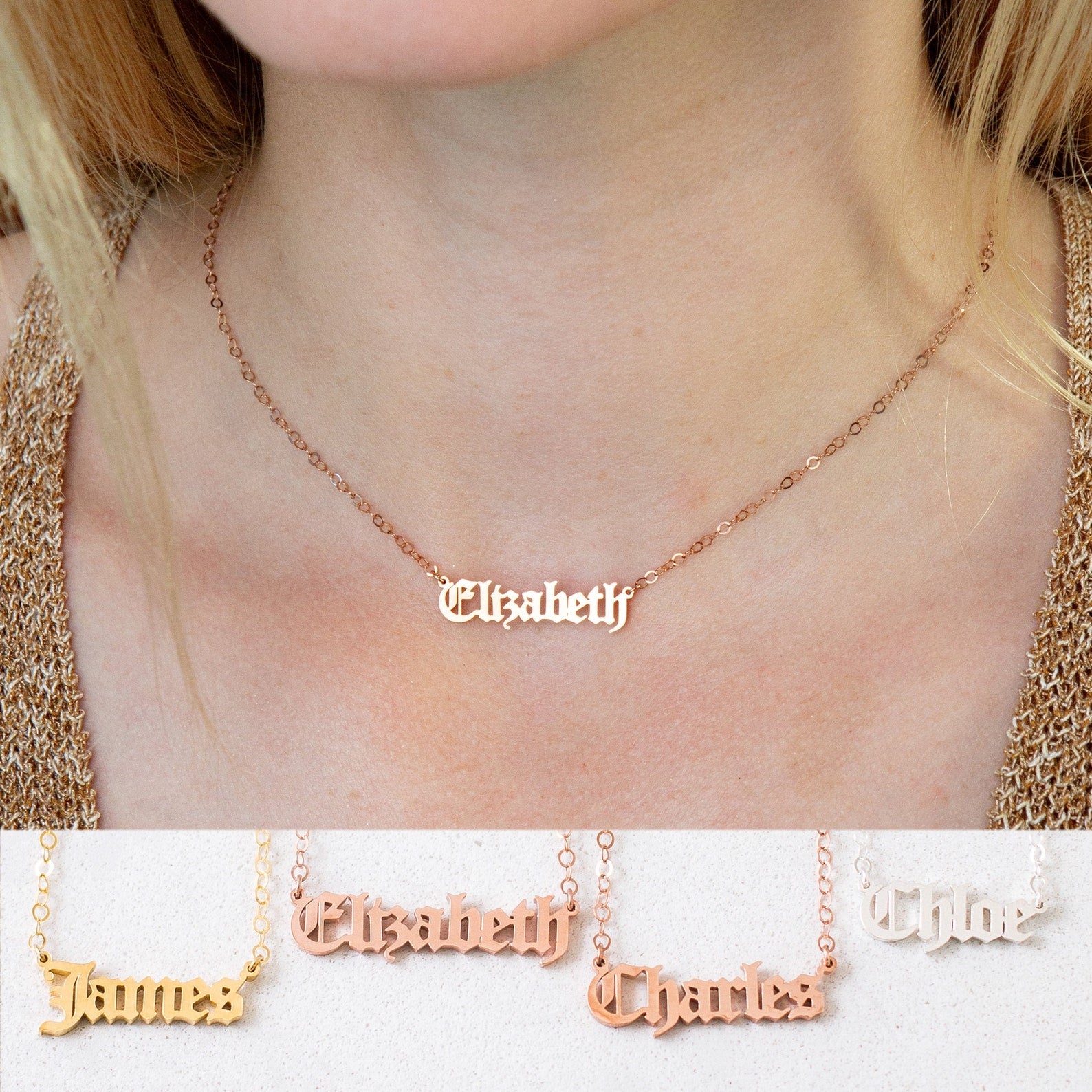 A woman wears an Old English Name Necklace in gold with "Elizabeth," while three more—"James," "Charles," and "Chloe"—are shown below.