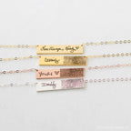 The Handwriting Bar Necklace in Rose Gold features custom names, fingerprints, or handwriting—perfect personalized jewelry on a rose gold chain. A unique gift for any occasion.