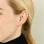 Close-up of a woman with blonde hair and a black turtleneck wearing Birthstone Studs—delicate gold earrings that add a subtle, personalized touch to your everyday look.