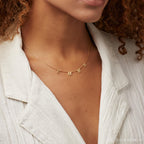 Woman wearing a Custom Letter Necklace in Rose Gold spelling EMMA, paired with a white textured blazer—an elegant approach to personalized jewelry.