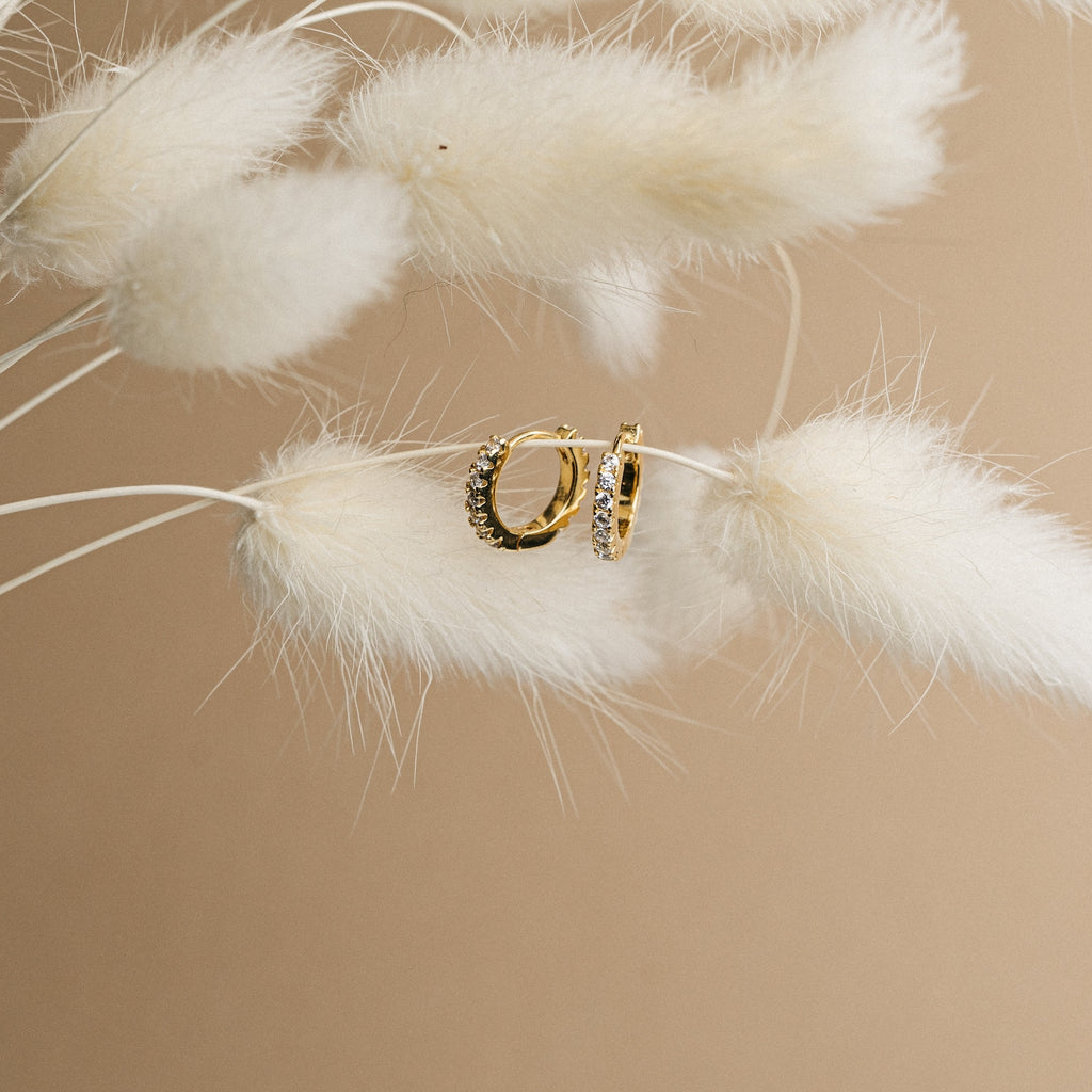The Coco Pave Huggies, gold hoop earrings with small gemstones, are displayed on soft white dried grass with a beige background.