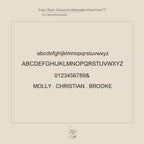 Minimalist font chart showing uppercase, lowercase, numbers, and sample names in a clean print style—ideal for designing your Custom Letter Necklace or other personalized jewelry.