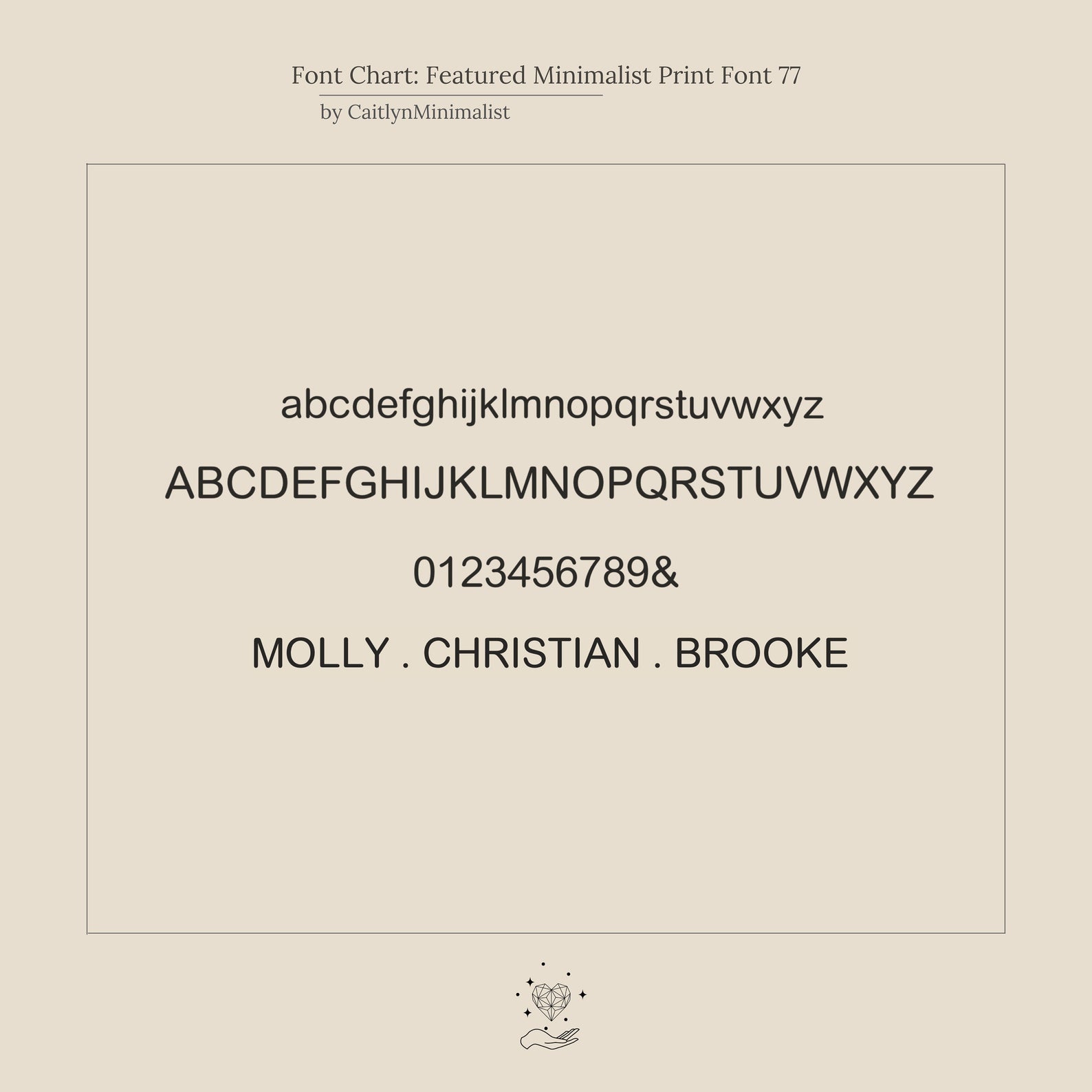 Minimalist font chart showing uppercase, lowercase, numbers, and sample names in a clean print style—ideal for designing your Custom Letter Necklace or other personalized jewelry.
