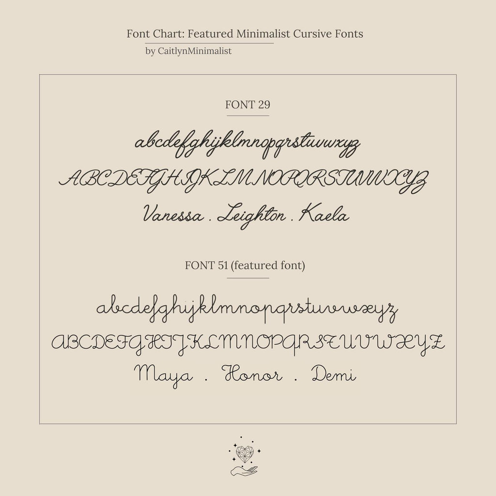 Font chart displaying two cursive fonts with uppercase, lowercase, and sample names on a beige background—perfect for customizing your Dainty Name Necklace.