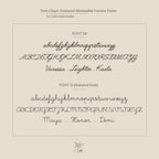 Font chart displaying two cursive fonts with uppercase, lowercase, and sample names on a beige background—perfect for customizing your Dainty Name Necklace.