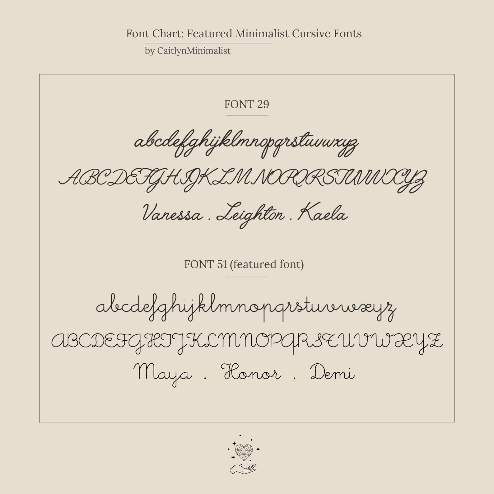 Font chart displaying two cursive fonts with uppercase, lowercase, and sample names on a beige background—perfect for customizing your Dainty Name Necklace.