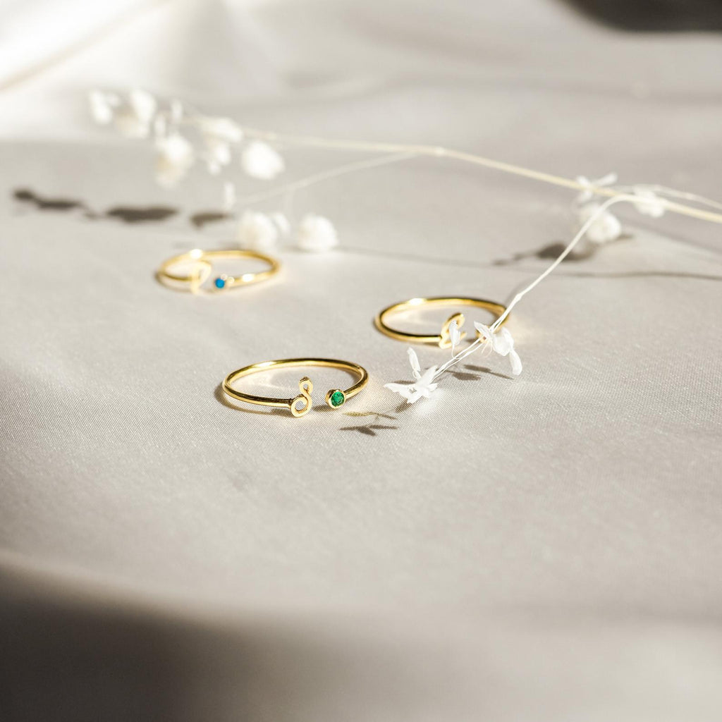 The Venice Initial Birthstone Ring, a delicate gold ring adorned with a personalized initial and colorful birthstones, is displayed on light fabric next to white dried flowers.