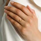 A hand showcases the Zodiac Birthstone Ring—an elegant gold ring with a small letter and tiny gemstone, resting on white fabric. Perfect for adding a personalized touch to your style.