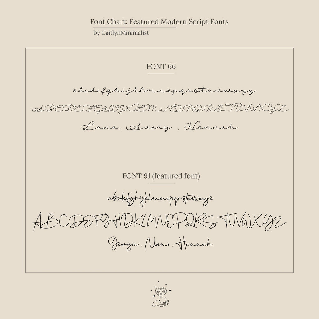 Chart displaying two modern script fonts with uppercase, lowercase, and sample names in elegant cursive styles—perfect for designing your own Summer Name Necklace in Box Chain or pairing with your favorite jewelry.