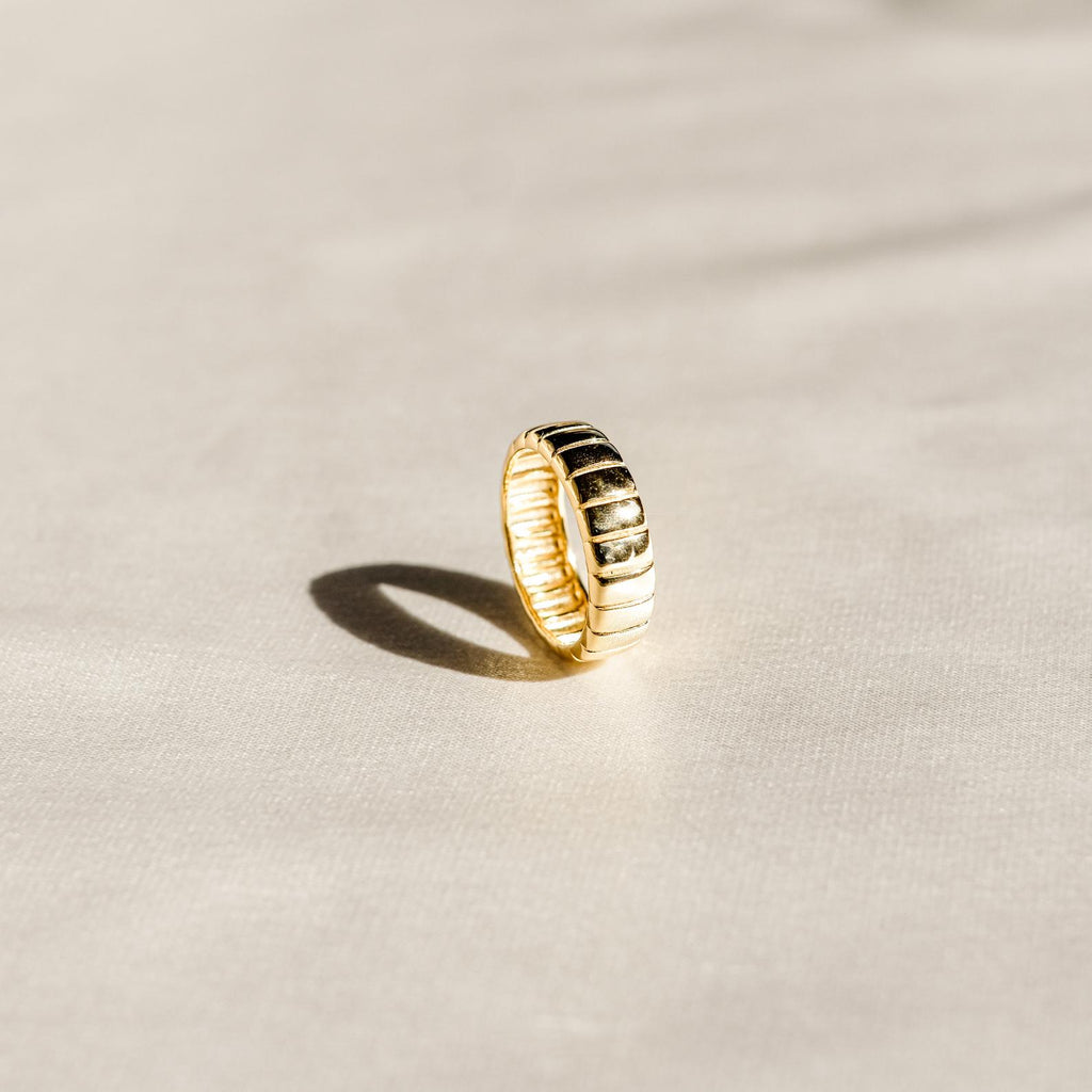 The Audrey Ring, crafted in gold with textured dark rectangular accents, stands upright on a softly lit surface—an everyday essential that exudes understated elegance.