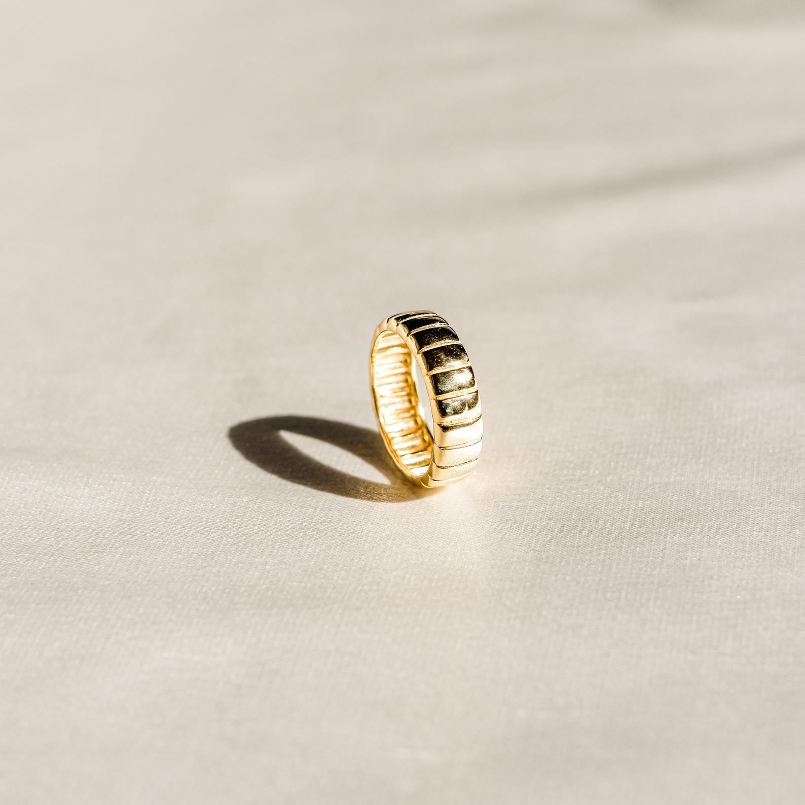 The Audrey Ring, crafted in gold with textured dark rectangular accents, stands upright on a softly lit surface—an everyday essential that exudes understated elegance.