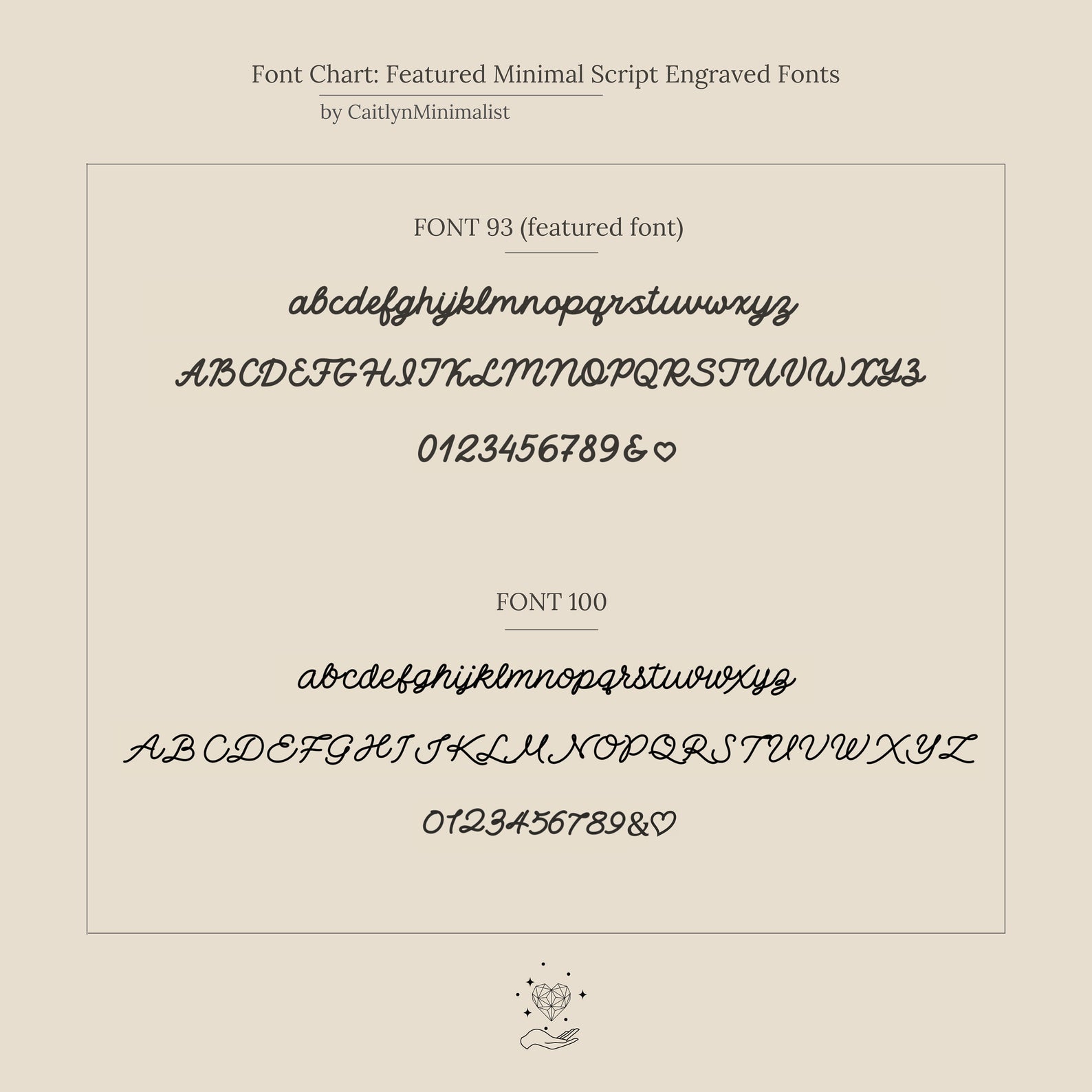 Image showcasing two featured minimal script fonts—ideal for the Ann Engraved Name Ring—with uppercase, lowercase, numbers, and symbols.
