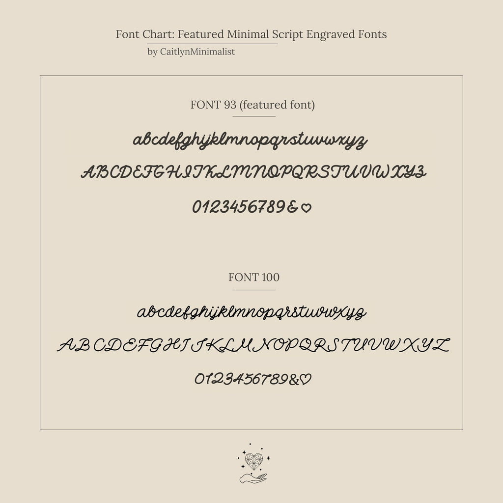 Two elegant script fonts show uppercase, lowercase letters, numbers, and a heart symbol on a beige background—ideal for customizing your Ann Half Round Ring or designing your own personalized band.