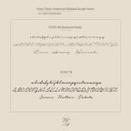 Font chart displays two script fonts (uppercase, lowercase, sample names) on a beige background—ideal for customizing your Minimal Name Necklace or creating other personalized gifts.