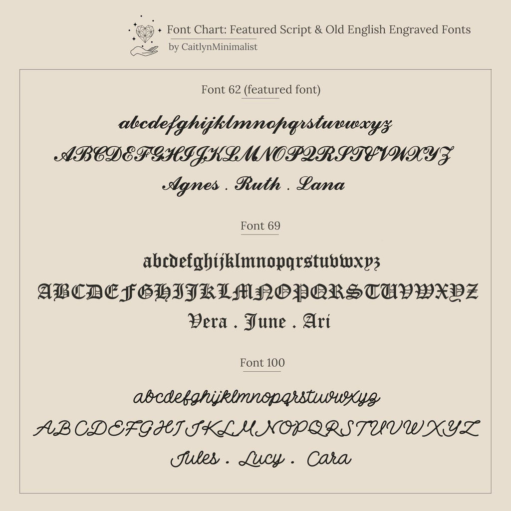 Font chart displaying three script and engraved font options with example names in cursive and block styles on a beige background—ideal for personalizing your Dainty Tag Name Necklace in Rose Gold.