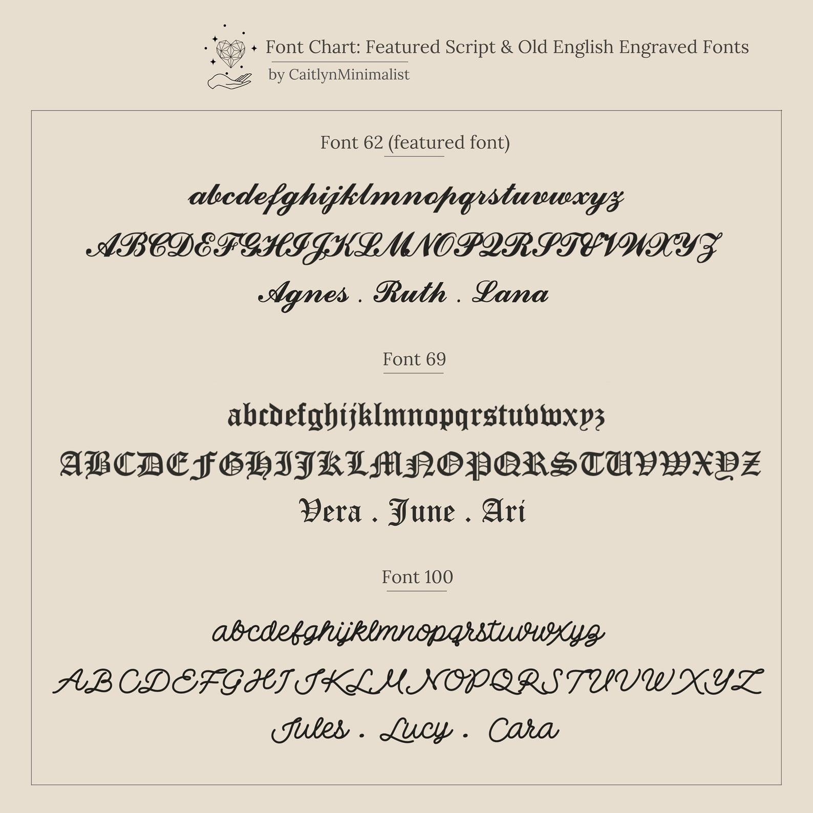 Font chart displaying three script and engraved font options with example names in cursive and block styles on a beige background—ideal for personalizing your Dainty Tag Name Necklace in Rose Gold.