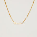 The Mellow Name Necklace in Figaro Chain features "Brooke" in elegant cursive, shown on a classic chain against a plain white background.