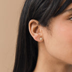 Close-up of a woman's ear with straight dark hair, wearing Pave Round Studs—small, round gold earrings ideal for those who prefer subtle glam jewelry over larger or sparkling pave styles.