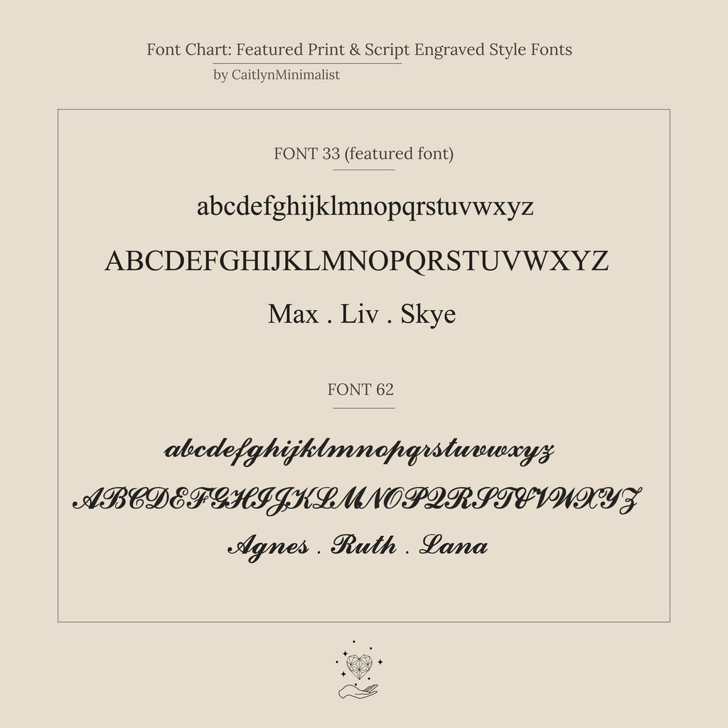 Choose from two font styles, featuring uppercase and lowercase letters with sample names—Max, Liv, Skye, Agnes, Ruth, and Lana—to personalize your Spinner Pendant Necklace's unique spinning design.