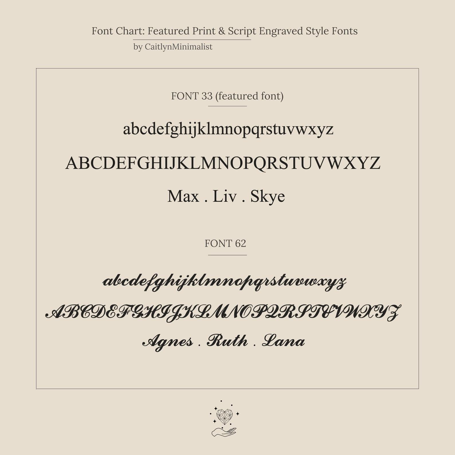 Choose from two font styles, featuring uppercase and lowercase letters with sample names—Max, Liv, Skye, Agnes, Ruth, and Lana—to personalize your Spinner Pendant Necklace's unique spinning design.