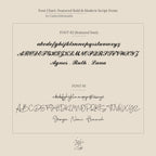A font chart displays two script fonts with lower and uppercase letters plus sample names in minimal styles—ideal for designing the Carrie Name Necklace in Figaro Chain.