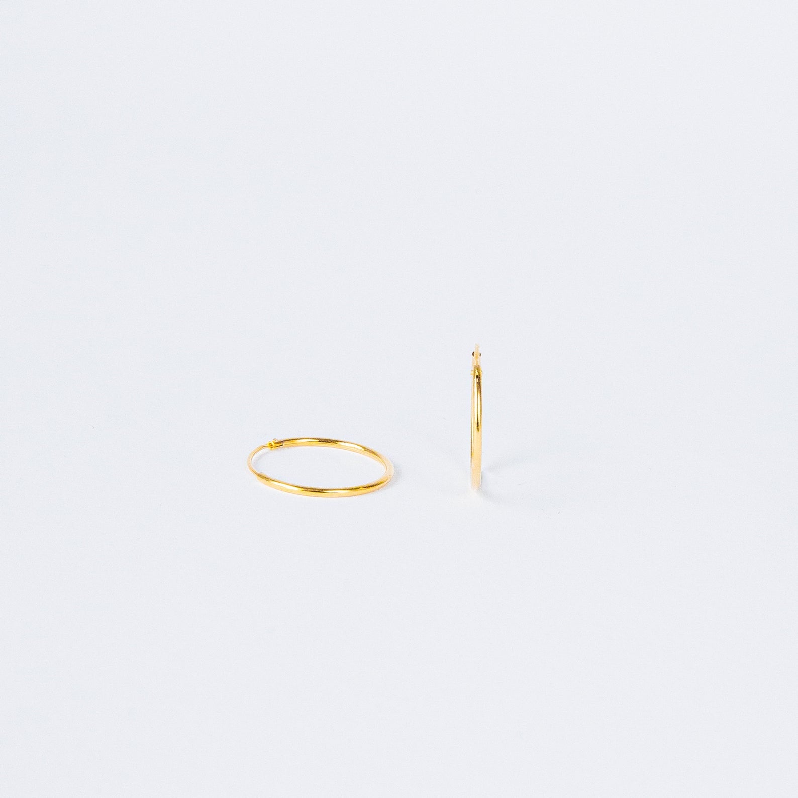 Two Thin Hoop Earrings are displayed on a plain white background—one lying flat and one standing upright—highlighting their minimalist style that's perfect for everyday wear.