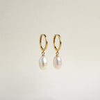 The Maggie Pearl Drop Hoops are gold modern earrings with dangling oval white pearls, displayed against a plain light background—ideal for minimal jewelry lovers.