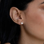 A close-up of a woman's ear adorned with Round Diamond Studs, highlighting the timeless elegance of classic jewelry.