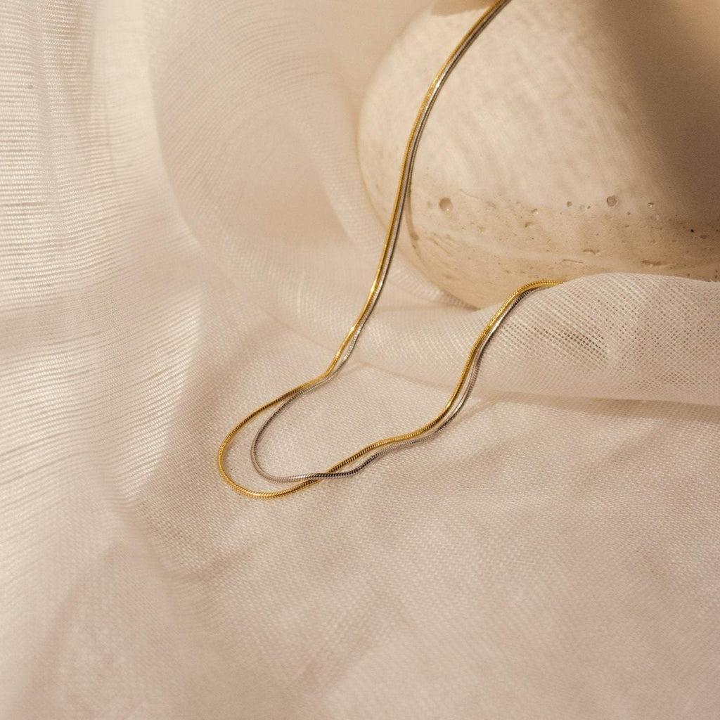 A close-up image of a delicate necklace featuring two intertwined snake chains — one in yellow gold and the other in white gold