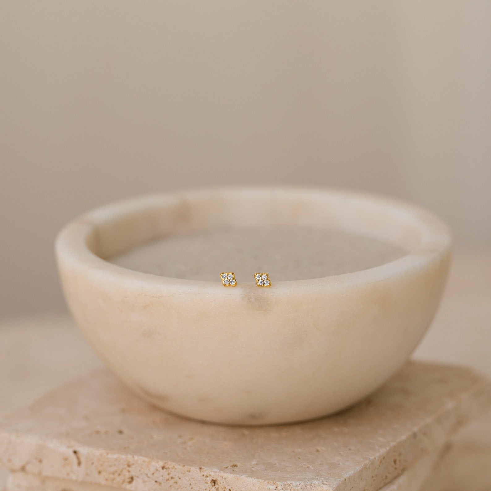 Avery Geometric Diamond Studs are displayed in a bowl of water, accentuating their modern pavé setting and stylish design.