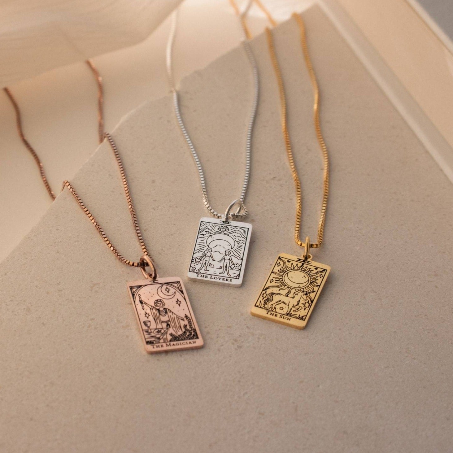Bronze Sun Tarot Card Necklace with Gold Fill Chain