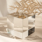 The Cecilia Pave Ring sits atop a clear glass cube next to beige dried leaves, illuminated by gentle natural light.