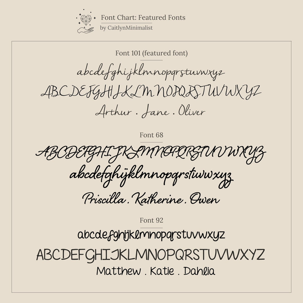 A chart displays three cursive and script fonts with example names in each style—perfect for designing your own Nella Name Necklace in Box Chain—on a beige background.